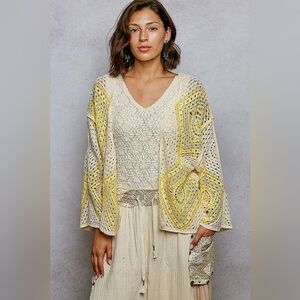 POL Open Front Crochet Cardigan with Granny Square Pattern 10010045855